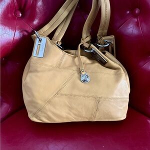 Rough Roses Tan Leather Shoulder Bag